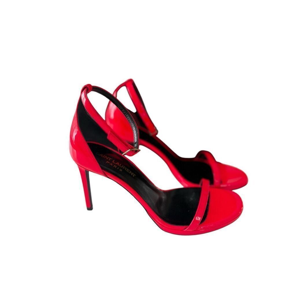 NWT Saint Laurent Patent Leather Peep Toe Strappy Heels Hot Pink Women's Size 36